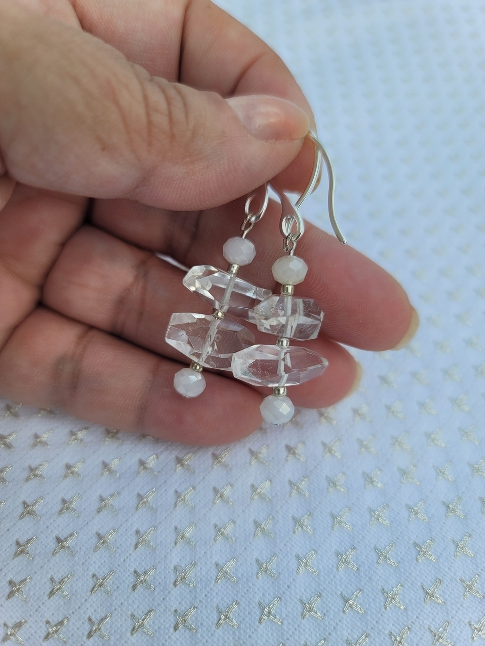Handmade Clear Crystal & White Faceted Bead Dangle Earrings Silver Hooks Bridal